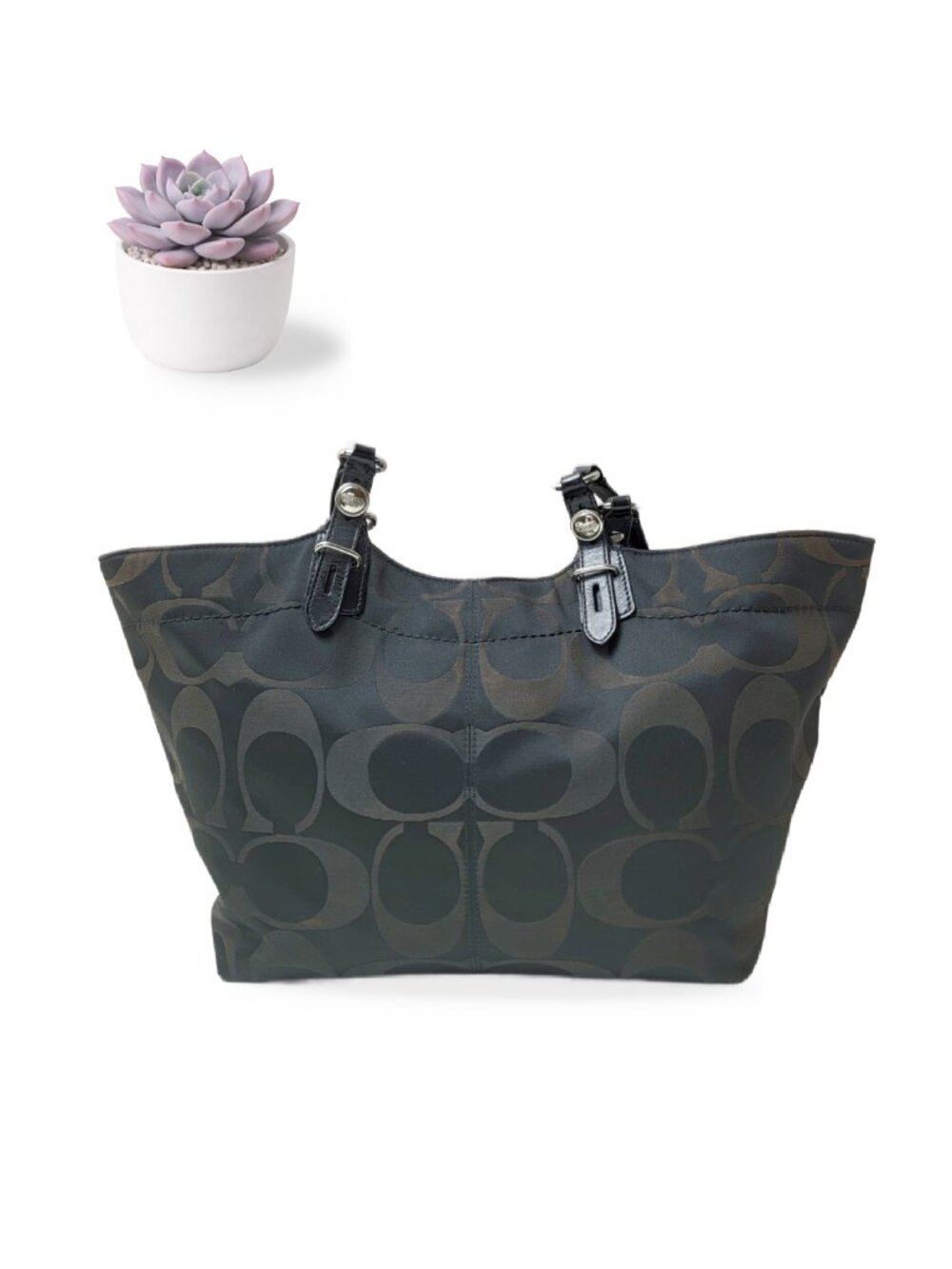 Coach Signature Sateen Tote Black Brown Large Shoulder Bag Purple Lining F16175 - Picture 3 of 11